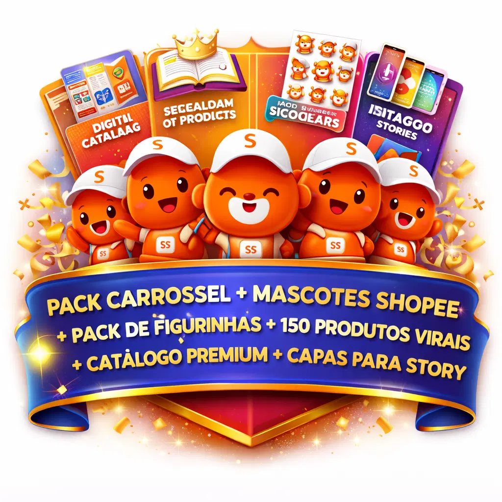 Pack Carrossel + Mascotes Shopee + Pack de Figurinhas + 150 Produtos Virais + Catálogo Premium + Capas Para Story