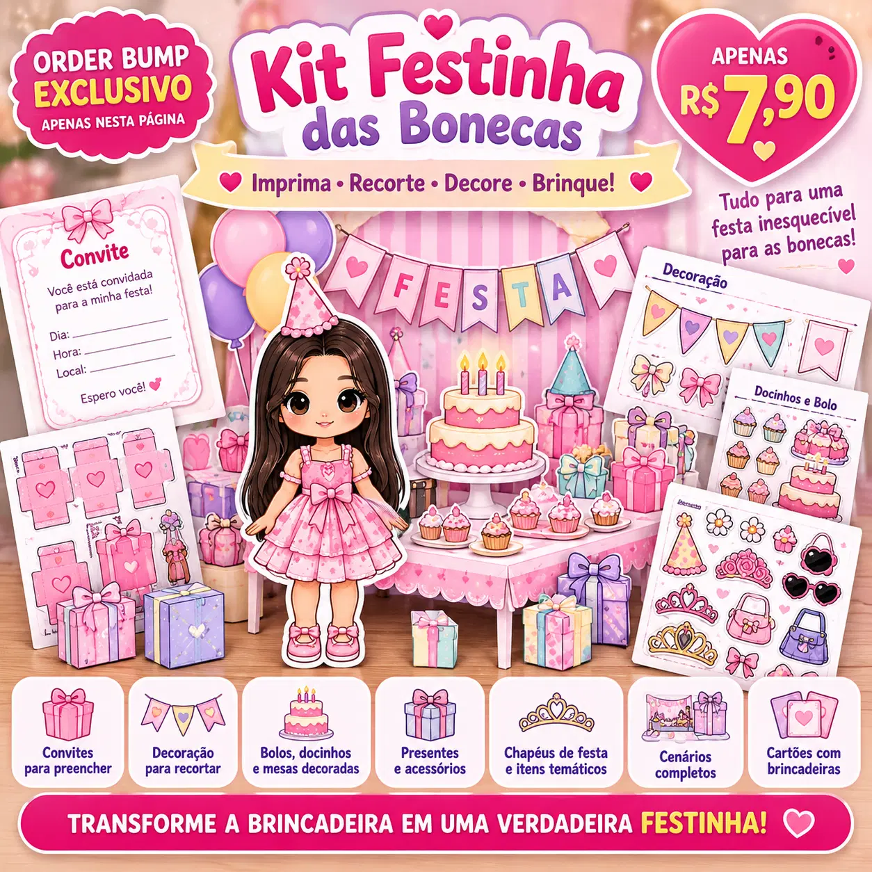 Adicione o Kit Festinha com convites, decoração, bolos, presentes, acessórios e brincadeiras para imprimir e montar.