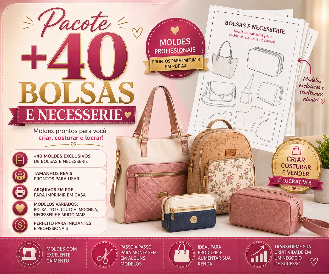 Pacote +40 Moldes de Bolsas e Necessaires