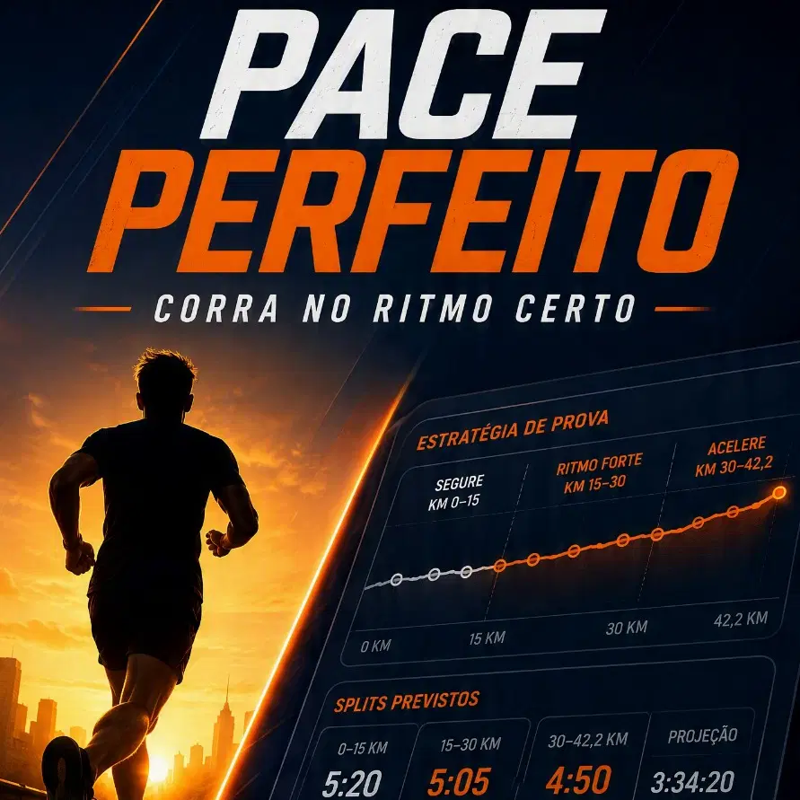 Pace Perfeito - 7 módulos. Cada um resolve uma parte diferente. Calculadora de pace existe de sobra. O que ela não faz é montar a prova quilômetro a quilômetro, com tempo de passagem para conferir no relógio e faixa de tolerância.