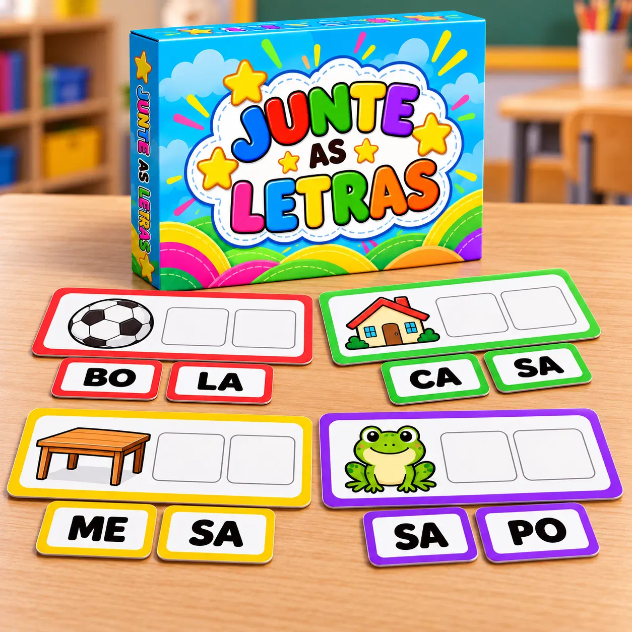 O desafio é identificar as sílabas certas e colocá-las na sequência correta para chegar à palavra representada pela imagem.