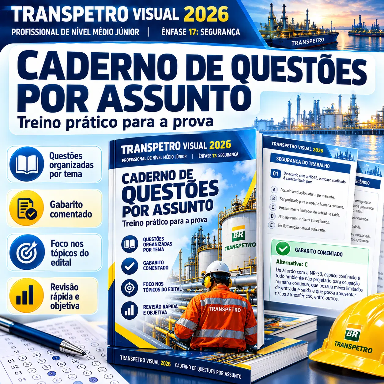 Pratique os principais conteúdos de Segurança da Transpetro com questões organizadas por tema, gabarito e comentários objetivos.