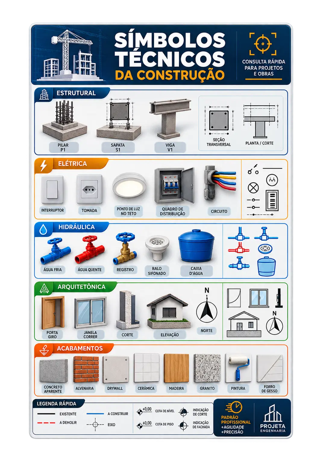 Pranchas visuais com os síbolos técnicos da construção
