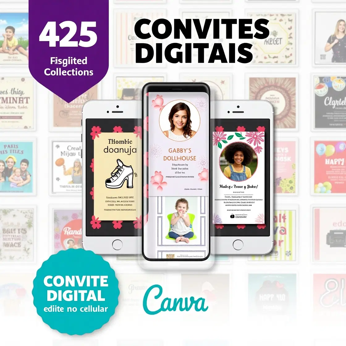 Pack 425 Convites virtuais editáveis Canvas
