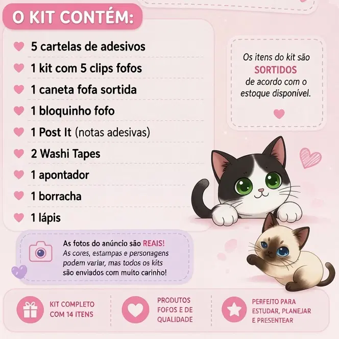 Washi tapes temáticas, caneta gel apagável premium, régua fofa e adesivos metálicos.