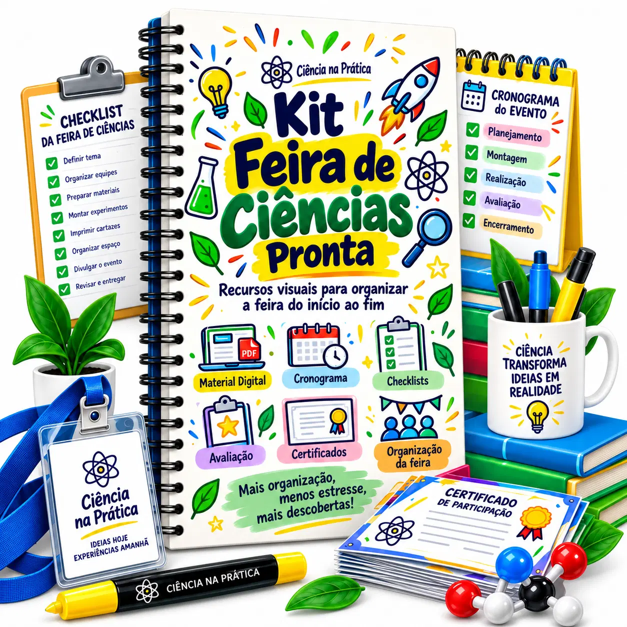 Organize sua Feira de Ciências com mais praticidade 📋. Receba checklists, cronograma, fichas, avaliação, certificados e materiais de apoio para conduzir o evento do início ao fim.
