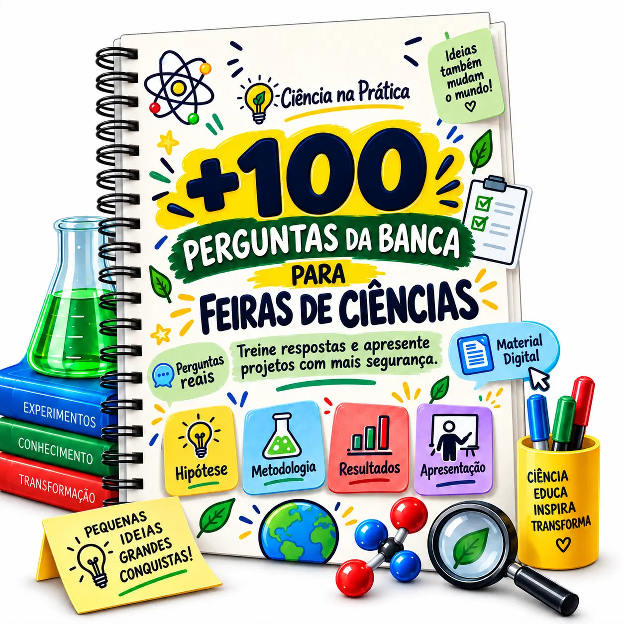 Prepare seus alunos para a apresentação 🎤 com perguntas que podem aparecer na banca. Um material rápido para revisar hipótese, metodologia, resultados e conclusão com mais segurança.