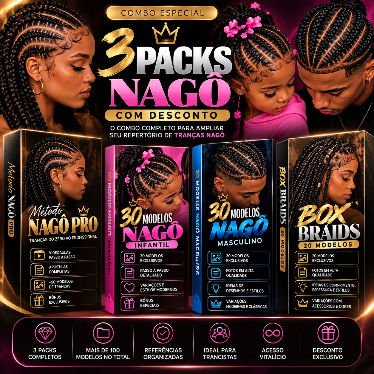 👑 COMBO COMPLETO — 80 Modelos de Tranças