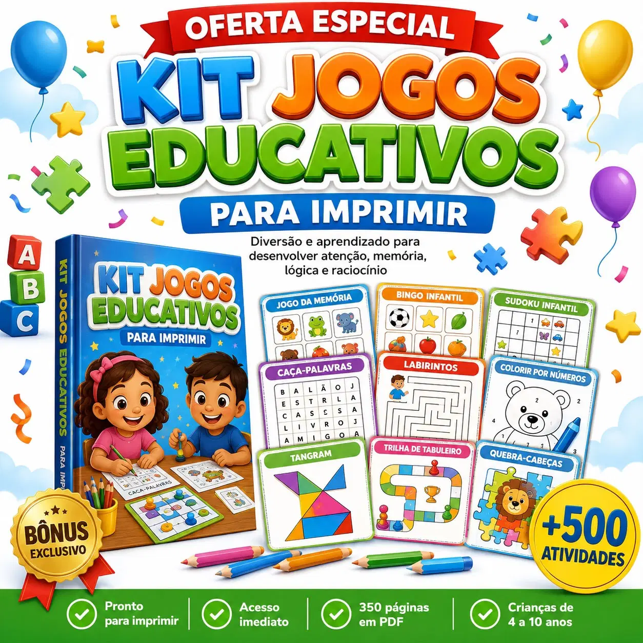 Kit Jogos Educativos — 22 jogos, 350 páginas para imprimir