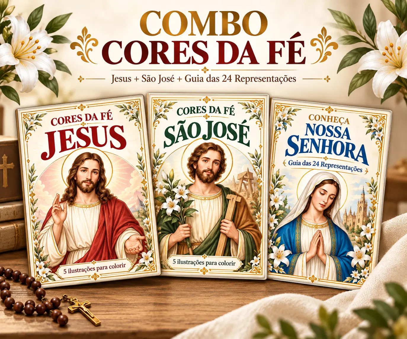 Combo Cores da Fé Jesus + São José + Guia das 24 Representações