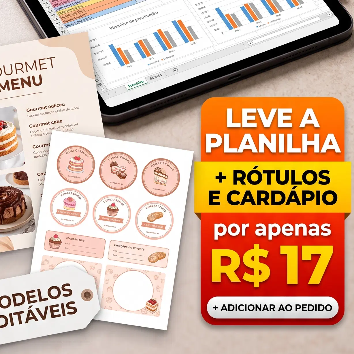 Planilha de precificação + modelos editáveis de rótulo e cardápio