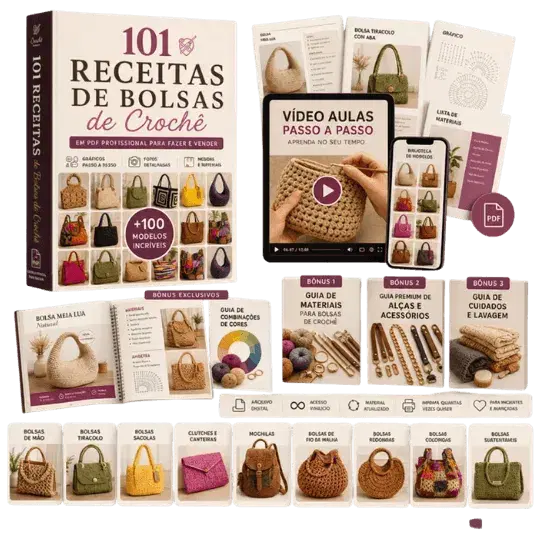 +100 Bolsas de Crochê - Plano Premium com 9 Bônus Exclusivos!