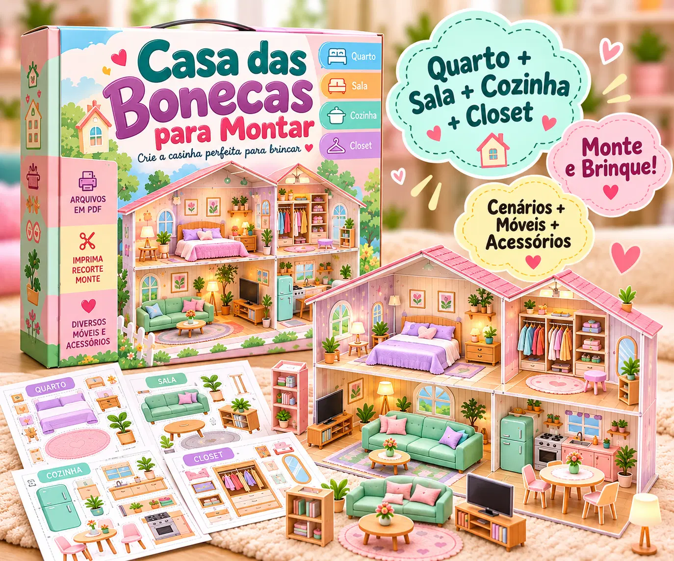 Adicione a Casa das Bonecas para Montar com quarto, sala, cozinha, closet, móveis e acessórios para imprimir, recortar e montar.