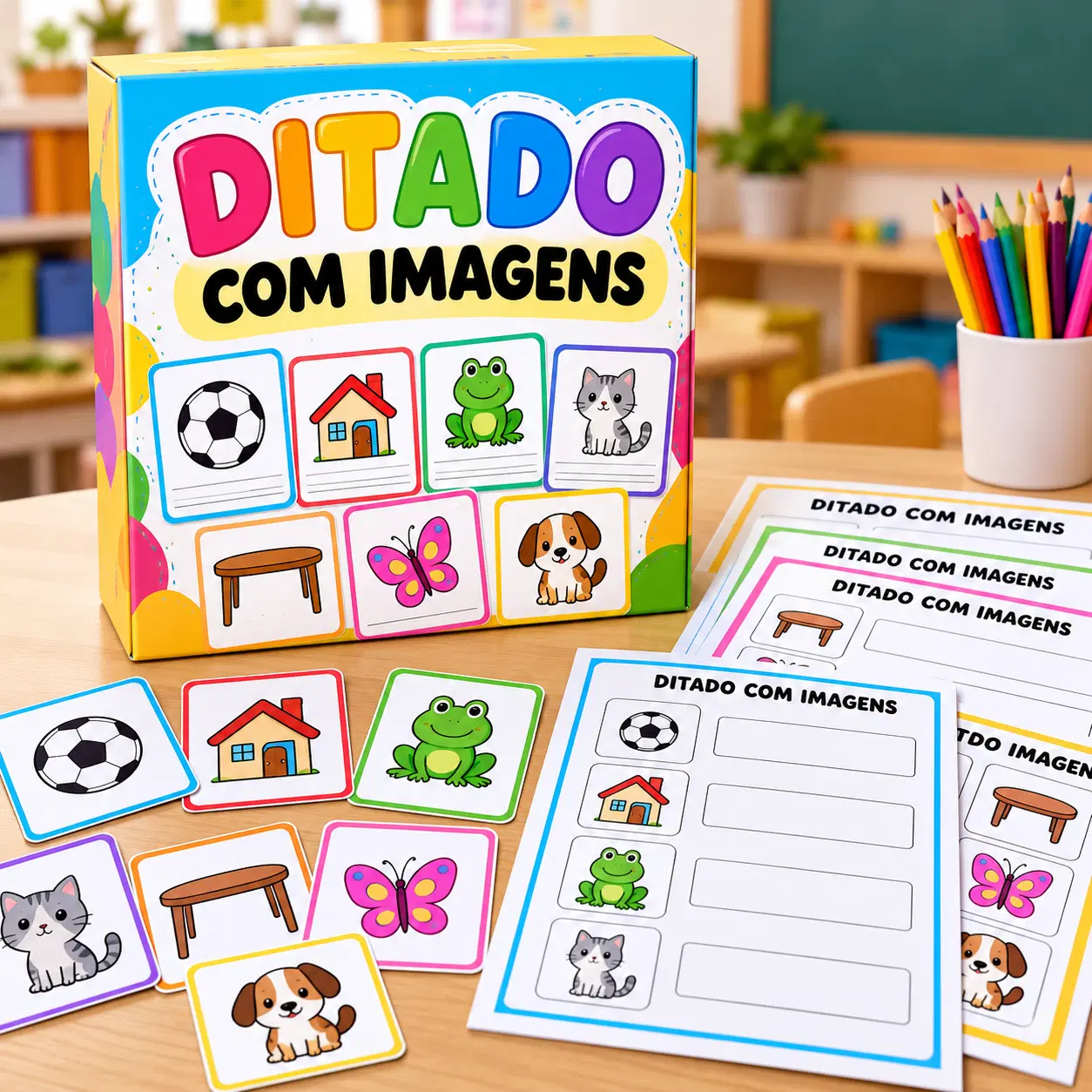 A criança identifica a figura, pensa no nome e registra a palavra. Cada imagem vira uma nova oportunidade de colocar em prática o que ela já aprendeu.