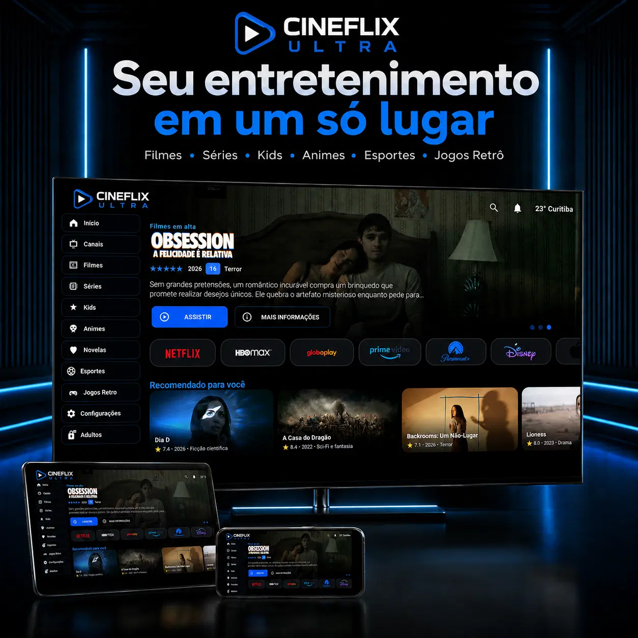 O Cineflix Max é um aplicativo com visual moderno estilo Netflix, sistema OTT e emulador de jogos integrado, com tudo separado por categorias para facilitar sua navegação.