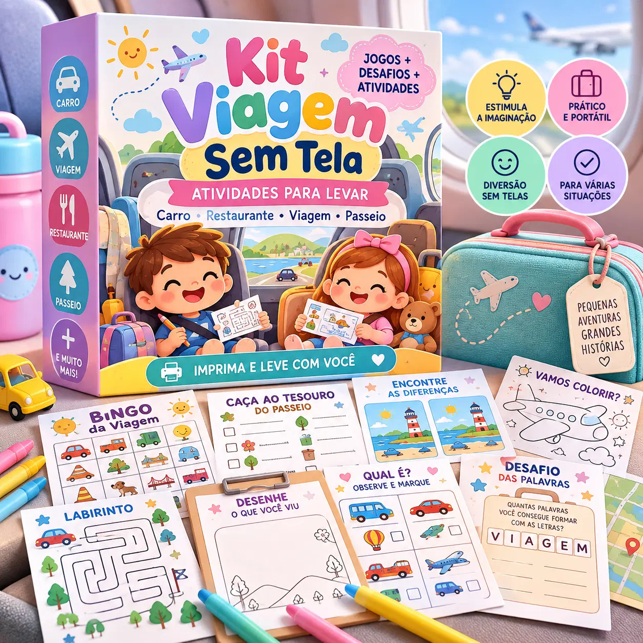 Adicione o Kit Viagem Sem Tela com jogos, desafios e atividades rápidas para usar no carro, restaurante, avião, sala de espera e passeios.